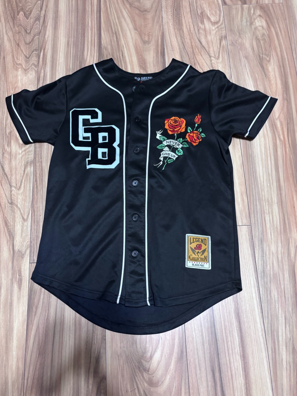 Black Floral Embroidered Baseball Jersey Shirt Small